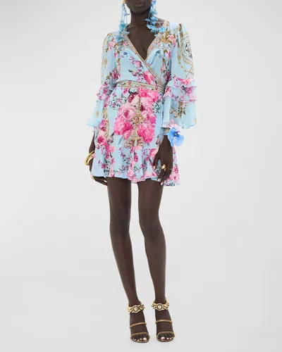 Camilla Ruffle-sleeve Floral Silk Mini Wrap Dress In Down The Garden Path