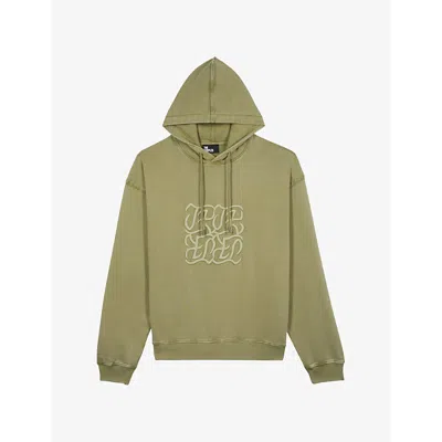 The Kooples Mens Kaki Grey Logo-embroidered Relaxed-fit Cotton-jersey Hoody