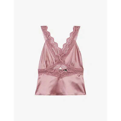 The Kooples Womens Pink Wood Guipure-lace Cut-out Silk Top