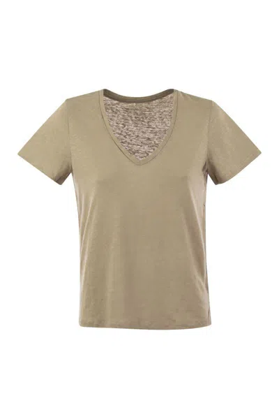 Majestic V-neck Short-sleeve Stretch Linen T-shirt In Sand