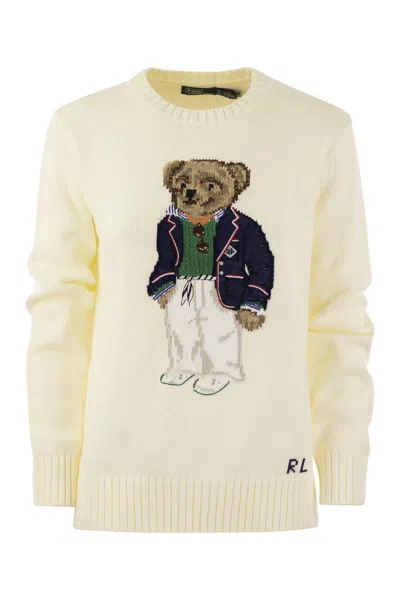 Polo Ralph Lauren Bear Cotton Crew-neck Polo Shirt In Cream