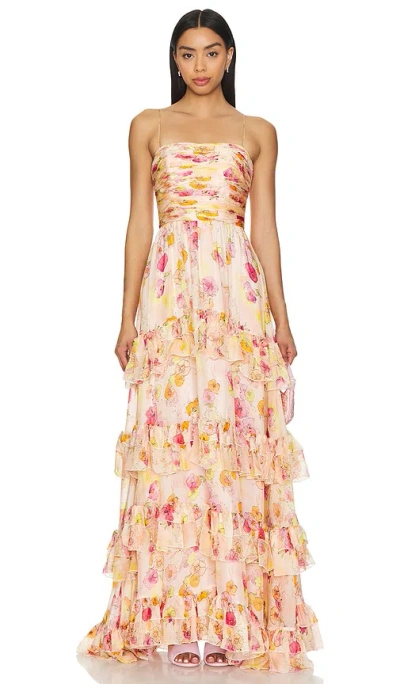 Amur Mallory Tiered Gown In Flowers In Cloud