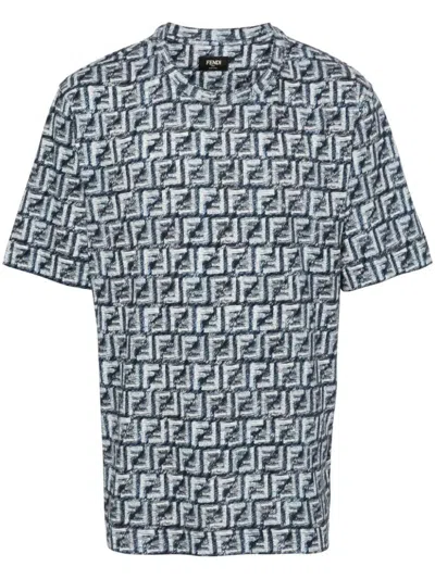 Fendi Ff Print T-shirt Frayed Effect Clothing In Blue