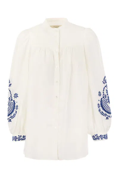 Weekend Max Mara Carnia - Linen Cloth Shirt With Embroidery In White/light Blue