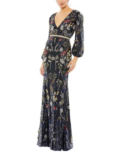 Mac Duggal Women's Embellished Wrap-over Bishop-sleeve Gown In Midnight Multi