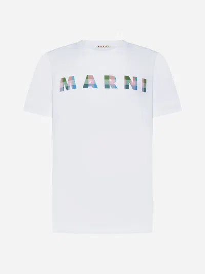 Marni Gingham Logo-print Cotton T-shirt In White