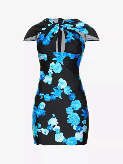Pre-owned Coperni Blue Floral Cut Out Stretch Jersey Black Bodycon Mini Dress Small