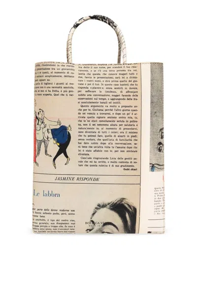 Bottega Veneta Small Newspaper Print Tote Bag In Beige/ Black