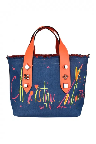 Christian Louboutin Frangibus Small Embellished Leather-trimmed Printed Denim Tote In Blue
