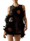 Cynthia Rowley Floral-motif Feather Mini Dress In Black Multi