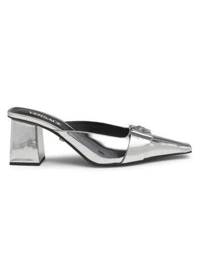 Versace Medusa Metallic-effect Leather Mules In Silber