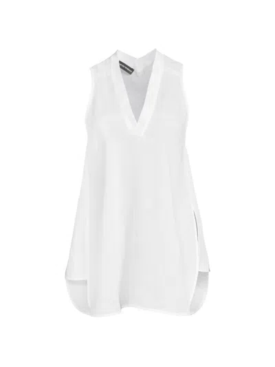 Emporio Armani Sleeveless High-low Linen Blouse In White