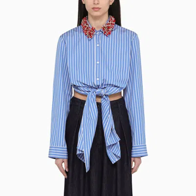 Dries Van Noten Knotted Embellished Striped Cotton-poplin Shirt In Blue