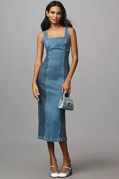 Pilcro Square-neck Corset Denim Midi Dress In Blue