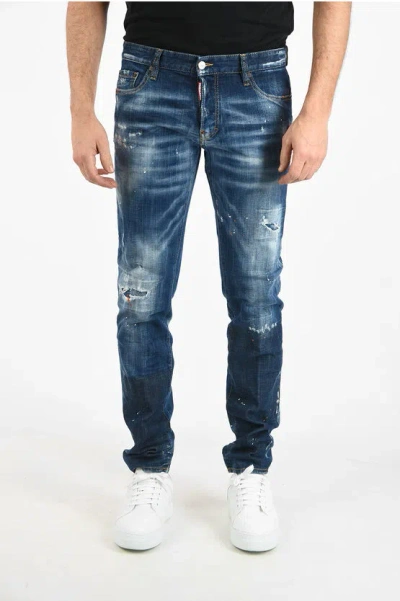 Dsquared2 14cm Distressed Slim Fit Jeans With Paint In Blue