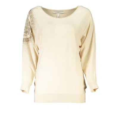 Guess Jeans Beige Rhinestone Crew Neck Sweater In Metallic