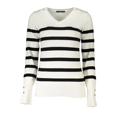 Guess Jeans Chic V-neck Striped Sweater With Logo Embroidery In White
