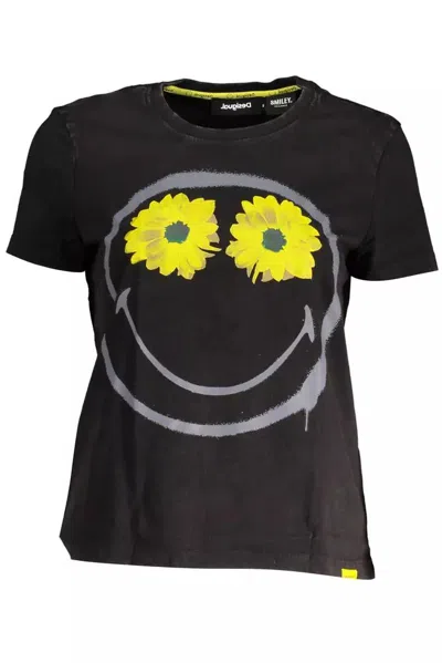 Desigual Chic Printed Cotton Tee With Women's Logo In Black