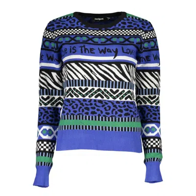 Desigual Elegant Crew Neck Sweater With Contrast Details In Blue