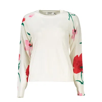 Desigual Elegant Crew Neck Sweater With Contrast Details In White