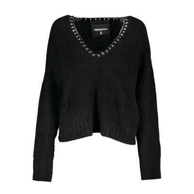 Patrizia Pepe Elegant Long Sleeved V-neck Sweater With Chic Details In Black