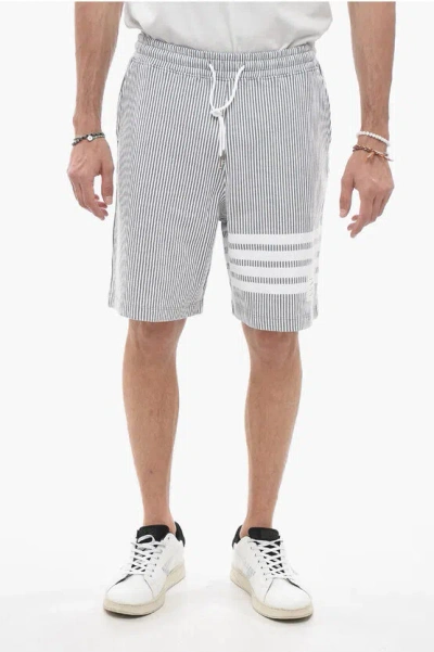 Thom Browne Pinstriped Cotton Shorts With Contrasting Bands In Grey