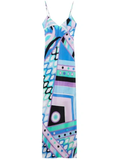 Pucci Printed Crepe Long Dress In Blue