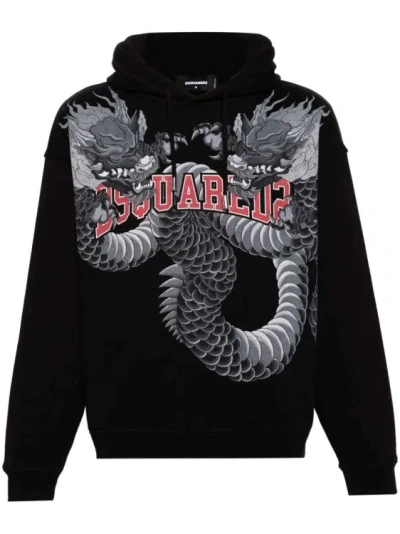 Dsquared2 Dragon-print Cotton Hoodie In Black