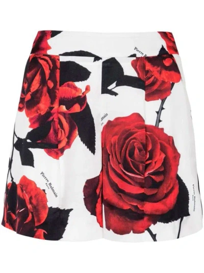 Balmain Rose-print Satin Shorts In Red