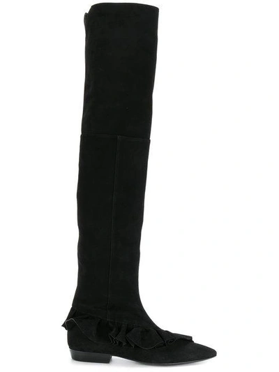 Jw Anderson 10mm Ruffle Suede Boots In Black|nero