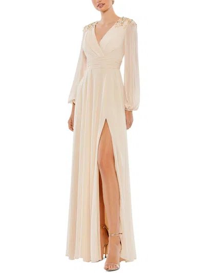 Ieena For Mac Duggal Womens Embellished Long Evening Dress In Beige
