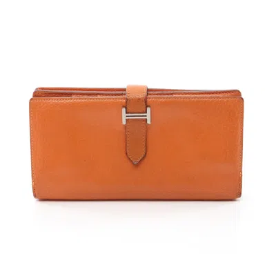 Pre-owned Hermes Bear Souffle Bi-fold Long Wallet Chevre Silver Hardware □o Stamp In Orange