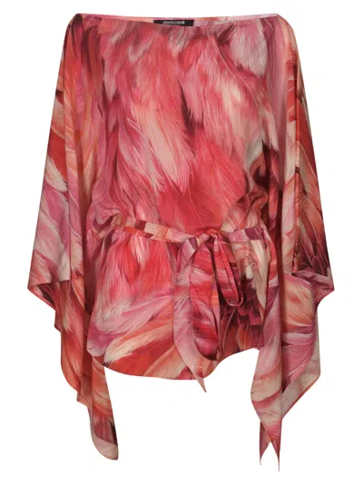 Roberto Cavalli Feather Print Asymmetric Blouse In Pink