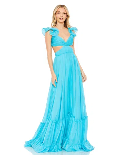 Mac Duggal Ruched Ruffled Shoulder Cut Out Lace Up Gown In Blue