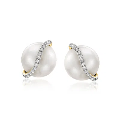Ross-simons 8-8.5mm Cultured Pearl Stud Earrings With Diamond Accents In 14kt Yellow Gold In Silver