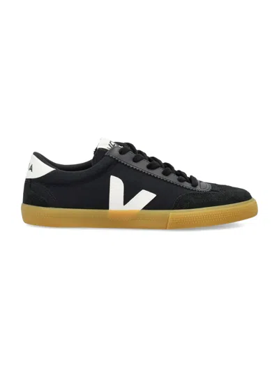 Veja Volley Suede And Leather-trimmed Canvas Trainers In Black White Natural