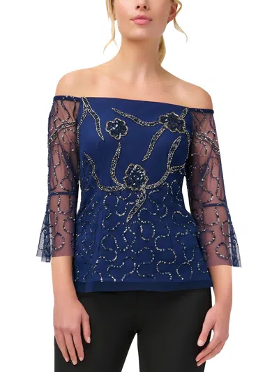 Adrianna Papell Womens Sequined Beaded Blouse In Blue
