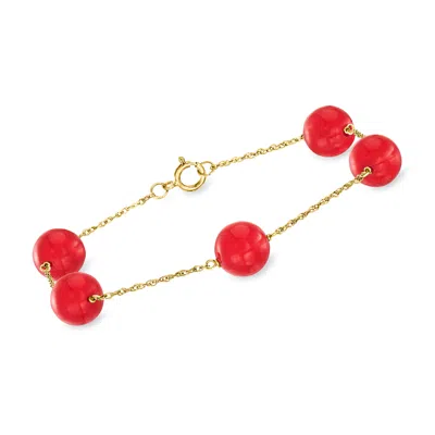 Ross-simons 8mm Red Coral Bead Station Bracelet In 14kt Yellow Gold