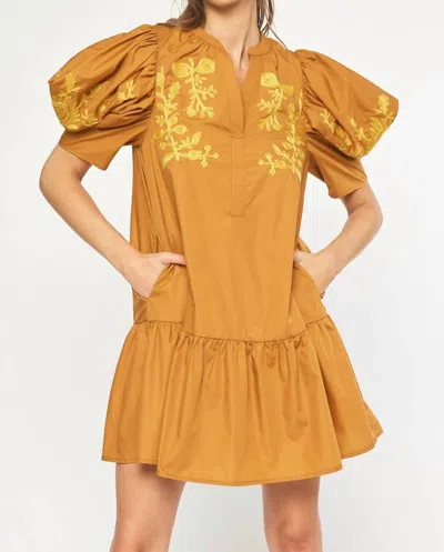 Entro Embroidered Puff Sleeve Dress In Gold