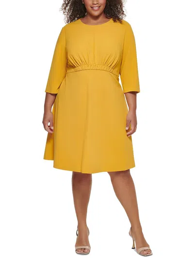 Calvin Klein Plus Womens Gathered Knee Length Midi Dress In Yellow