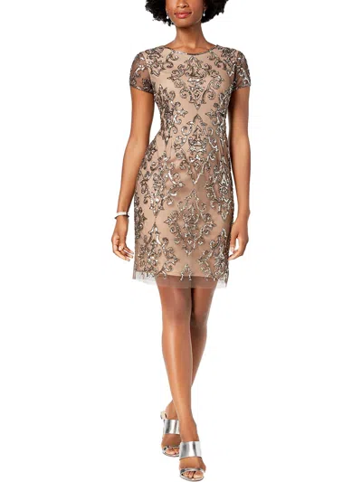 Adrianna Papell Plus Womens Mesh Embellished Cocktail Dress In Silver