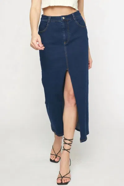 Entro Mid Length Denim Skirt In Dark Wash In Blue