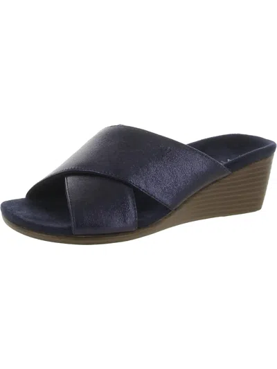 Vionic Kara Womens Leather Slip On Wedge Sandals In Blue
