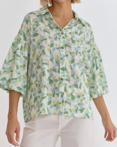 Entro Printed Puff Sleeve Button Up Top In Green