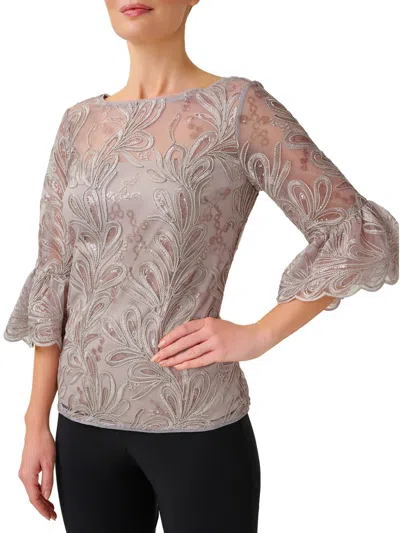 Adrianna Papell Womens Embroidered Sequined Blouse In Grey
