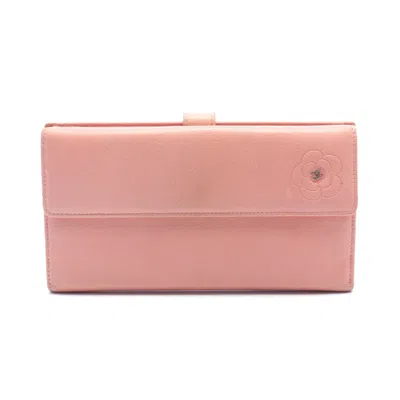 Pre-owned Chanel Butterfly Camellia Bi-fold Long Wallet Leather Silver Hardware In Pink