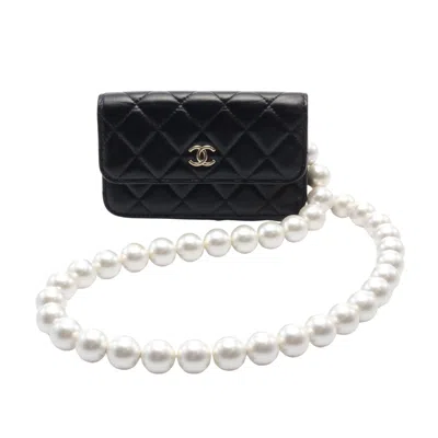 Pre-owned Chanel Matelasse Fake Pearl Shoulder Bag Lambskin In Black