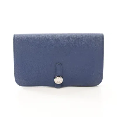 Pre-owned Hermes Dogon Gm Bi-fold Long Wallet Togo Silver Hardware T Stamp In Blue