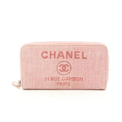 Pre-owned Chanel Deauville Line Round Zipper Long Wallet Straw Silver Hardware In Pink