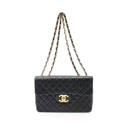 Pre-owned Chanel Decamatlassé 34 W Chain Shoulder Bag Lambskin Gold Hardware In Black